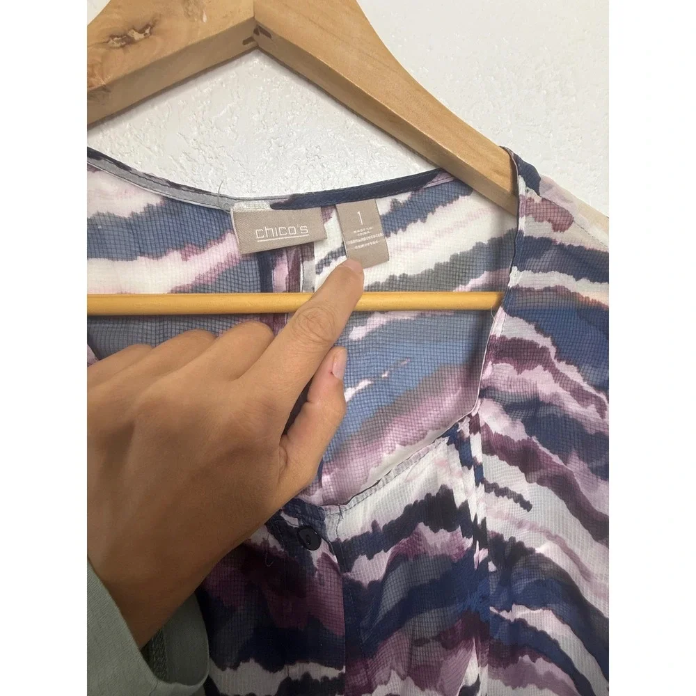 Chicos Women Size 1 Medium Abstract Stripe Sheer Mesh Button Front Blouse Purple